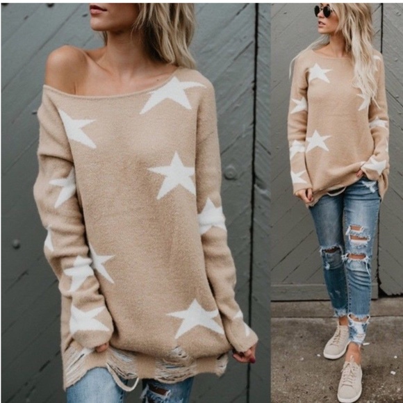 Sweaters - On Off Shoulder Star Distressed Tunic Sweater